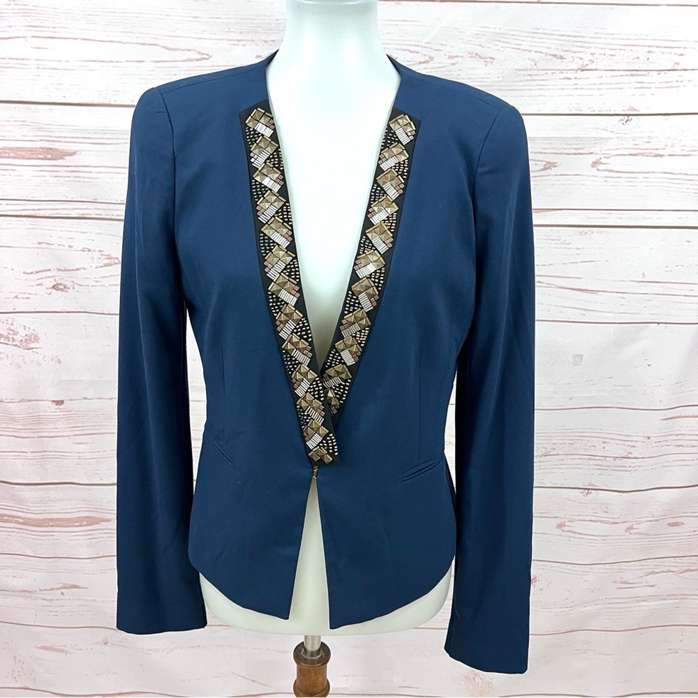 BCBGMaxazria Geometric Studded Navy Blue Cain Beaded Collarless Blazer